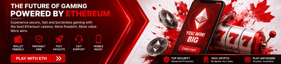 Ethereum casino gaming banner with wallet payments, fast payouts, mobile play and secure crypto access